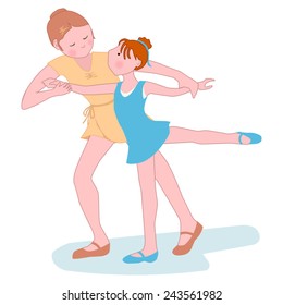 Arabesque Lesson / Teaching a Little Dancer A dance instructor helps a young dancer perfect her position in an arabesque. Easy to edit vector illustration in pastel blue and gold.