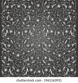 Arabesque luxury seamless floral pattern. Silver branches with flowers, leaves and petals