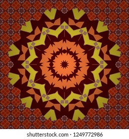 Arabesque ornament. Old ceramic tile wall seamless pattern texture. Colorful ethnic patterned background in orange, brown and blue colors.