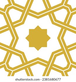 Arabesque ornament on white background. Delicate tile oriental design. Minimal wallpaper and seamless fabric texture. Home decoration seamless pattern vector with gold color.