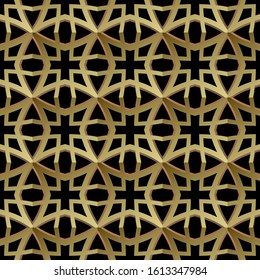 Arabesque ornamental gold 3d vector seamless pattern. Grid textured abstract background. Vintage arabic style repeat golden ornament. Ornate oriental backdrop. Luxury patterned intricate design.