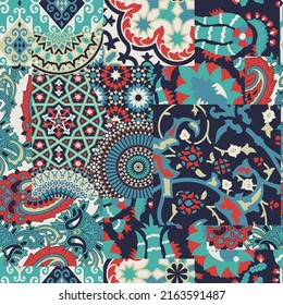 Arabesque and paisley tiles patchwork wallpaper abstract vector seamless pattern