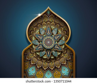 Arabesque pattern design in onion dome and arch shape on blue background