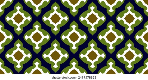 Arabesque pattern floral motif ornamental oriental background. Ogee ornate damask tile wallpaper. Green, white, golden, blue abstract paisley shapes vintage ornament. Vector graphic illustration.