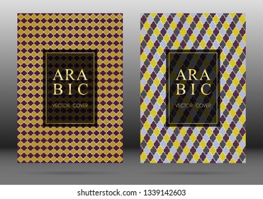 Arabesque pattern vector cover page layout design collection in arabic style mosaic in gold grid. Islamic background, moroccan, turkish, persian, ottoman pattern vector template. Tectonic motifs.
