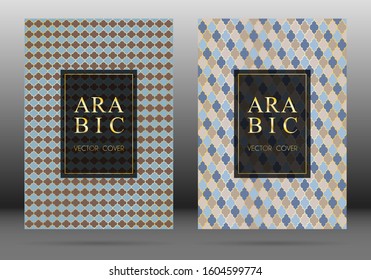 Arabesque pattern vector cover page layout design set in arabic style mosaic in gold grid. Islamic background, moroccan, turkish, persian, ottoman pattern vector template. Ramadan motifs.