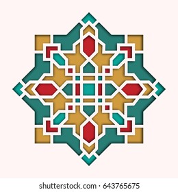 Arabesque pattern, vignette in eastern style, orient colorful stained-glass. Design for Eid Mubarak, decorative islamic tile of mosque 3d