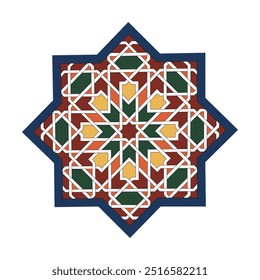 Arabesque pattern, vignette in oriental style, eastern colorful stained-glass. Design for Eid Mubarak, decorative islamic tile of mosque