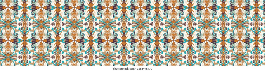 Arabesque Persian Style Vector Vintage Banner Pattern Background. Damask Swirl Scarf Graphic Design. Seamless Border Retro Kaleidoscope Mosaic.Butah Ornate Washi Tape. Ethnic Flat Color Edging EPS 10
