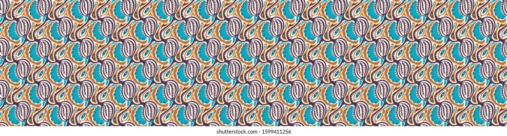 Arabesque persian style vintage banner pattern background. Damask leaf swirl graphic design. Seamless retro 60s style butah trim. Ornate ribbon edge. Ethnic flat color. washi tape band. 