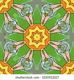 Arabesque. Round ornament with intertwined branches, flowers and curls. Colored Mandala on a neutral, green and beige baqckground. Vector circular abstract mandalas pattern.