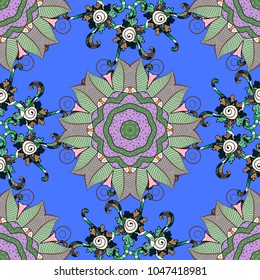 Arabesque. Round ornament with intertwined branches, flowers and curls. Colored Mandala on a blue, neutral and green baqckground. Vector circular abstract mandalas pattern.