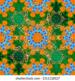 Arabesque. Round ornament with intertwined branches, flowers and curls. Vector circular abstract mandalas pattern. Colored Mandala on a blue, orange and green baqckground.
