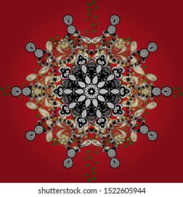 Arabesque. Round ornament with intertwined branches, flowers and curls. Colored Mandala on a black, red and gray baqckground. Vector circular abstract mandalas pattern.