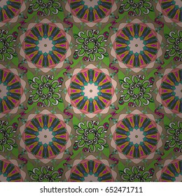 Arabesque. Round ornament with intertwined branches, flowers and curls. Colored Mandala on a baqckground. Vector circular abstract mandalas pattern.