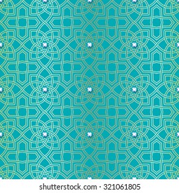 Arabesque seamless beautiful oriental arabic islam pattern with diamonds and golden lines. Abstract vector background.