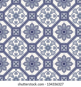 Arabesque seamless pattern in blue and grey in editable vector file
