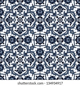 Arabesque seamless pattern in blue and white in editable vector file