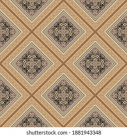 Patrón árabe sin fisuras. Elegancia de fondo de vector árabe. Bonitos adornos elegantes. Repetir el fondo arabio ornamental. Flores, hojas, líneas, rhombus, marcos. Diseño elegante y ordenado.