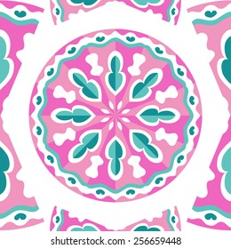 Arabesque seamless pattern in midnight green and deep pink and lavender pink. Vector illustration