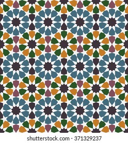 Arabesque. 
Seamless pattern in Moroccan style. Mosaic tile.
Islamic traditional ornament. Geometric background.
Vector illustration. 