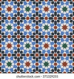 Arabesque. 
Seamless pattern in Moroccan style. Mosaic tile.
Islamic traditional ornament. Geometric background.
Vector illustration. 