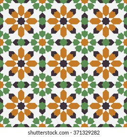 Arabesque. 
Seamless pattern in Moroccan style. Mosaic tile.
Islamic traditional ornament. Geometric background.
Vector illustration. 