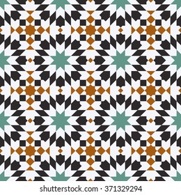 Arabesque. 
Seamless pattern in Moroccan style. Mosaic tile.
Islamic traditional ornament. Geometric background.
Vector illustration. 