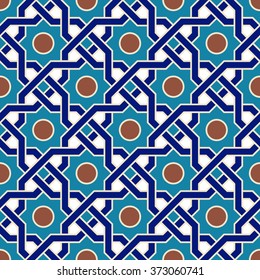 Arabesque. Seamless pattern in Moroccan style. Mosaic tile. Islamic traditional ornament. Geometric background. Vector illustration. 