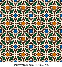 Arabesque. Seamless pattern in Moroccan style. Mosaic tile. Islamic traditional ornament. Geometric background. Vector illustration. 