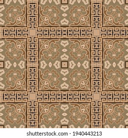 Arabesque seamless pattern. Ornamental floral background. Repeat colorful arabic vector backdrop. Vintage ornaments with flowers, meanders, square greek style frames. Beautiful ornate Damask design.