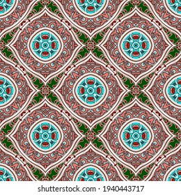 Arabesque nahtloses Muster. Zierblumen-Hintergrund. Wiederholen Sie bunter Vektorhintergrund. Vintage Damast-Ziergegenstände mit Blumen, Blättern, Formen. Schönes Design. Für Gewebe, Bildschirmhintergründe, Drucke.