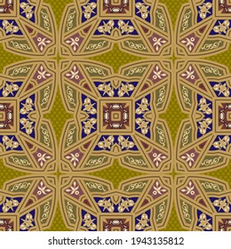 Arabesque seamless pattern. Ornamental polka dots background. Repeat colorful vector backdrop. Arabic floral ornaments with flowers, leaves, shapes. Beautiful design. For fabric, wallpapers, print.