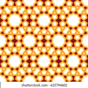 Arabesque seamless pattern with stars. Traditional colors, girih tiles on yellow background. Vector Illustration. Islamic wallpaper design.