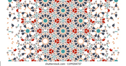 Arabesque seamless vector pattern. Geometric halftone texture with color tile disintegration or breaking