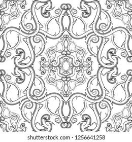 Arabesque style floral Damask black and white vector seamless pattern. Elegance monochrome vintage background. Abstract hand drawn mandala ornament with prickly branches, thorns. Curve lines, swirls