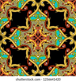 Arabesque style floral Damask colorful  vector seamless pattern. Elegance  vintage arabian background. Abstract hand drawn mandala ornament with prickly branches, thorns. Fabric pattern.  Wallpaper.