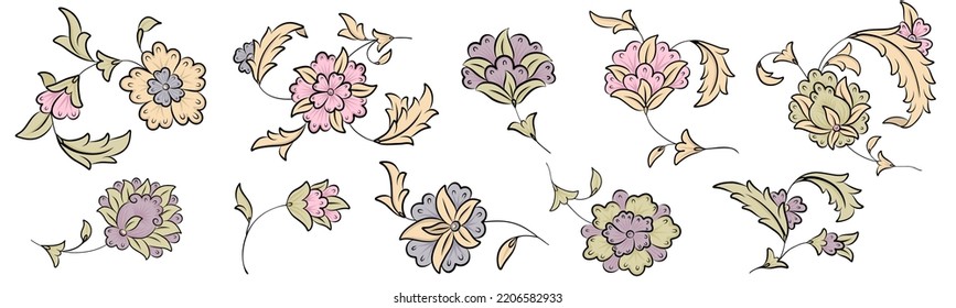 Arabesque style flower illustrations collection. Vector vintage floral pattern elements.