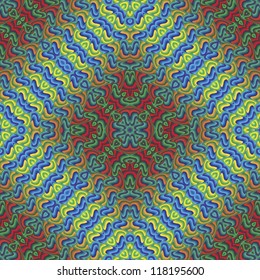 Arabesque tapestry with baroque motifs. Seamless dainty vector pattern in vivid and brilliant rainbow colors