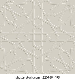 Arabesque textured 3d seamless pattern. Islamic arabian style embossed vector background. Repeat relief andalusia backdrop. Surface emboss arabic 3d ornaments. Ornamental surface endless 3d texture.