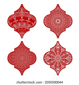 Arabesque tile to hang on a festive tree. Intricate mandala Christmas ornament in red color. Cut out vector design elements for holiday season. 