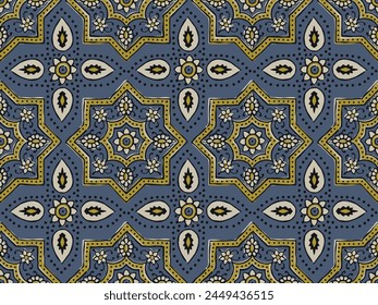 ARABESQUE TILE PATTERN AJRAKH PATTERN AND BLOCK PRINT BATIK PRINT BACKGROUND DIGITAL PRINTING TEXTILE PATTERN