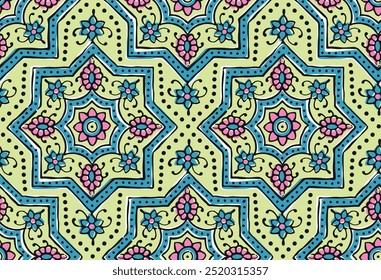 ARABESQUE TILE PATTERN AJRAKH PATTERN AND BLOCK PRINT BATIK PRINT BACKGROUND DIGITAL PRINTING TEXTILE PATTERN
