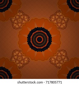 Arabesque. Vector circular abstract floral mandalas in red, orange and gray colors. Round seamless pattern ornament with intertwined branches, flowers and curls.