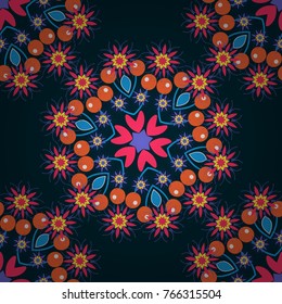 Arabesque. Vector circular abstract floral mandalas in pink, orange and blue colors. Round seamless pattern ornament with intertwined branches, flowers and curls.