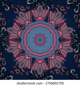 Arabesque. Vector circular abstract mandalas pattern. Round ornament with intertwined branches, flowers and curls. Colored Mandala on a neutral, pink and blue baqckground.