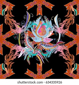 Arabesque. Vector circular abstract mandalas pattern. Round ornament with intertwined branches, flowers and curls. Colored Mandala on a black baqckground.