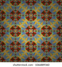 Arabesque vector ornament. Old ceramic tile wall seamless pattern texture. Colorful ethnic patterned background in blue, yellow and brown colors.