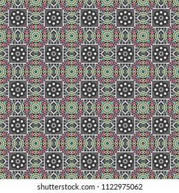 Arabesque vector ornament. Old ceramic tile wall seamless pattern texture. Colorful ethnic patterned background in beige, gray and brown colors.