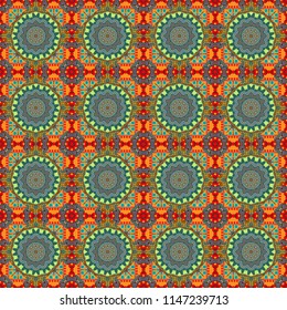 Arabesque vector ornament. Old ceramic tile wall seamless pattern texture. Colorful ethnic patterned background in blue, orange and green colors.